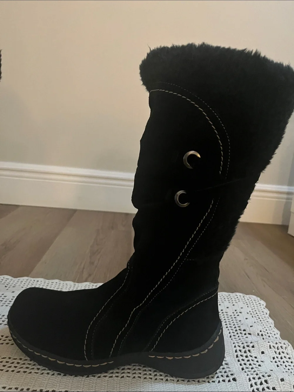 Bare Traps Black Suede Tall Winter Boots with Faux Fur Trim size 7 NWOB